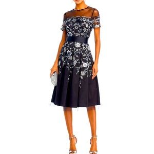 Embroidered Illusion Neck Cocktail Dress Size 14 Eliza J POCKETS Black Silver